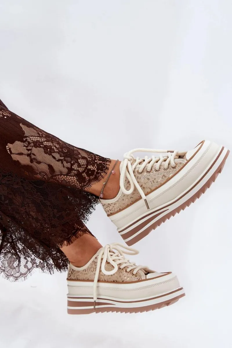 Trampki Damskie Na Masywnej Platformie S.Barski BF51-101 Beżowe Damskie Trampki Damskie Niskie