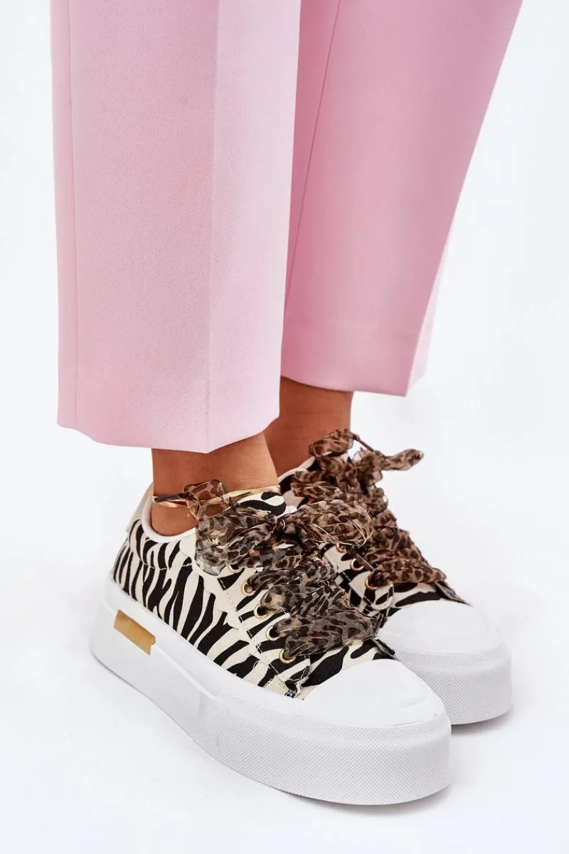 Best Boto Trampki Damskie Na Masywnej Platformie Z Ozdobnym Sznurowaniem Zebra Czarno-Beżowe Zidora