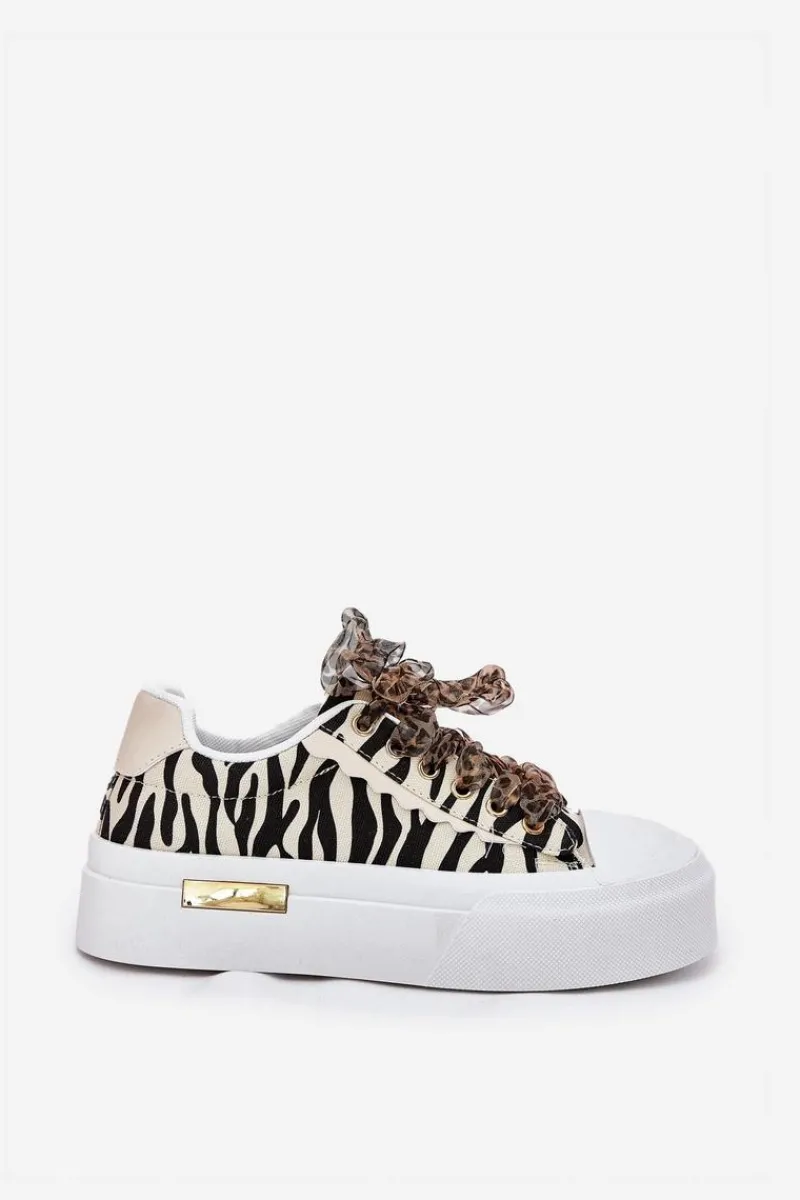 Best Boto Trampki Damskie Na Masywnej Platformie Z Ozdobnym Sznurowaniem Zebra Czarno-Beżowe Zidora