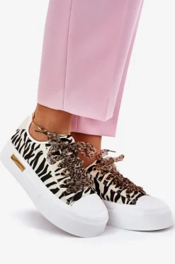 Best Boto Trampki Damskie Na Masywnej Platformie Z Ozdobnym Sznurowaniem Zebra Czarno-Beżowe Zidora