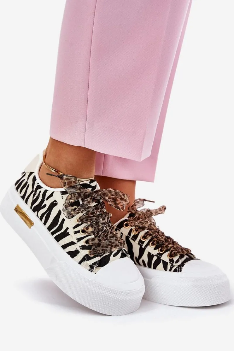 Best Boto Trampki Damskie Na Masywnej Platformie Z Ozdobnym Sznurowaniem Zebra Czarno-Beżowe Zidora