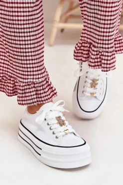 Sale Trampki Damskie Na Platformie Ze Złotymi Przypinkami Białe Fiorina Damskie Trampki Damskie Niskie