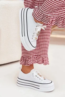 Sale Trampki Damskie Na Platformie Ze Złotymi Przypinkami Białe Fiorina Damskie Trampki Damskie Niskie