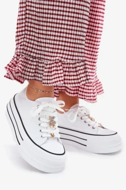 Sale Trampki Damskie Na Platformie Ze Złotymi Przypinkami Białe Fiorina Damskie Trampki Damskie Niskie