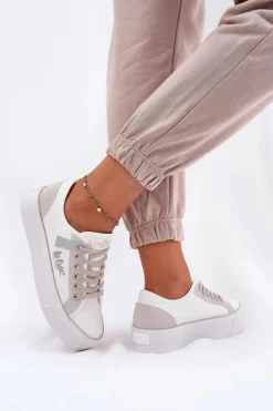 Hot Trampki Damskie Na Platformie LCW-25-31-3479L Biało-Szare Damskie Trampki Damskie Niskie
