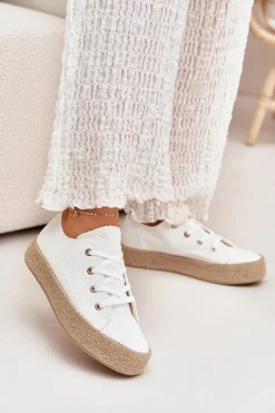 Trampki Damskie Niskie>Boto Trampki Damskie Na Platformie Z Plecionką Białe Princa