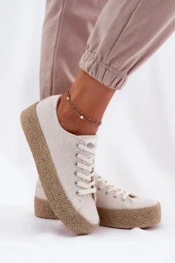 Sale Lee Cooper Trampki Damskie Na Platformie Z Plecionką LCW-25-02-3284 Jasnobeżowe Beżowy