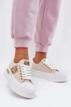 Sale Trampki Damskie Na Platformie Z Ozdobnym Detalem Beżowe Annisae Damskie Trampki Damskie Niskie