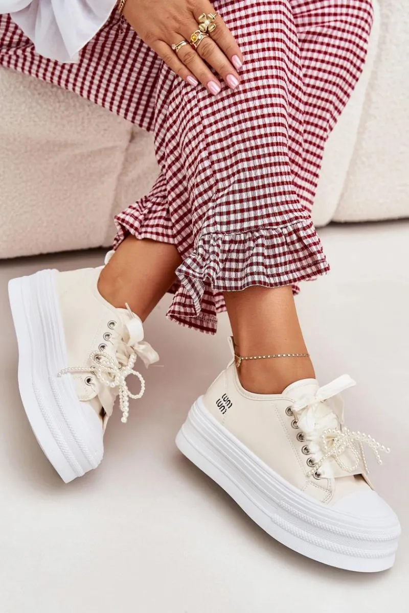 Trampki Damskie Niskie>Boto Trampki Damskie Na Platformie Z Ozdobnym Sznurowaniem Beżowe Tivora Beżowy