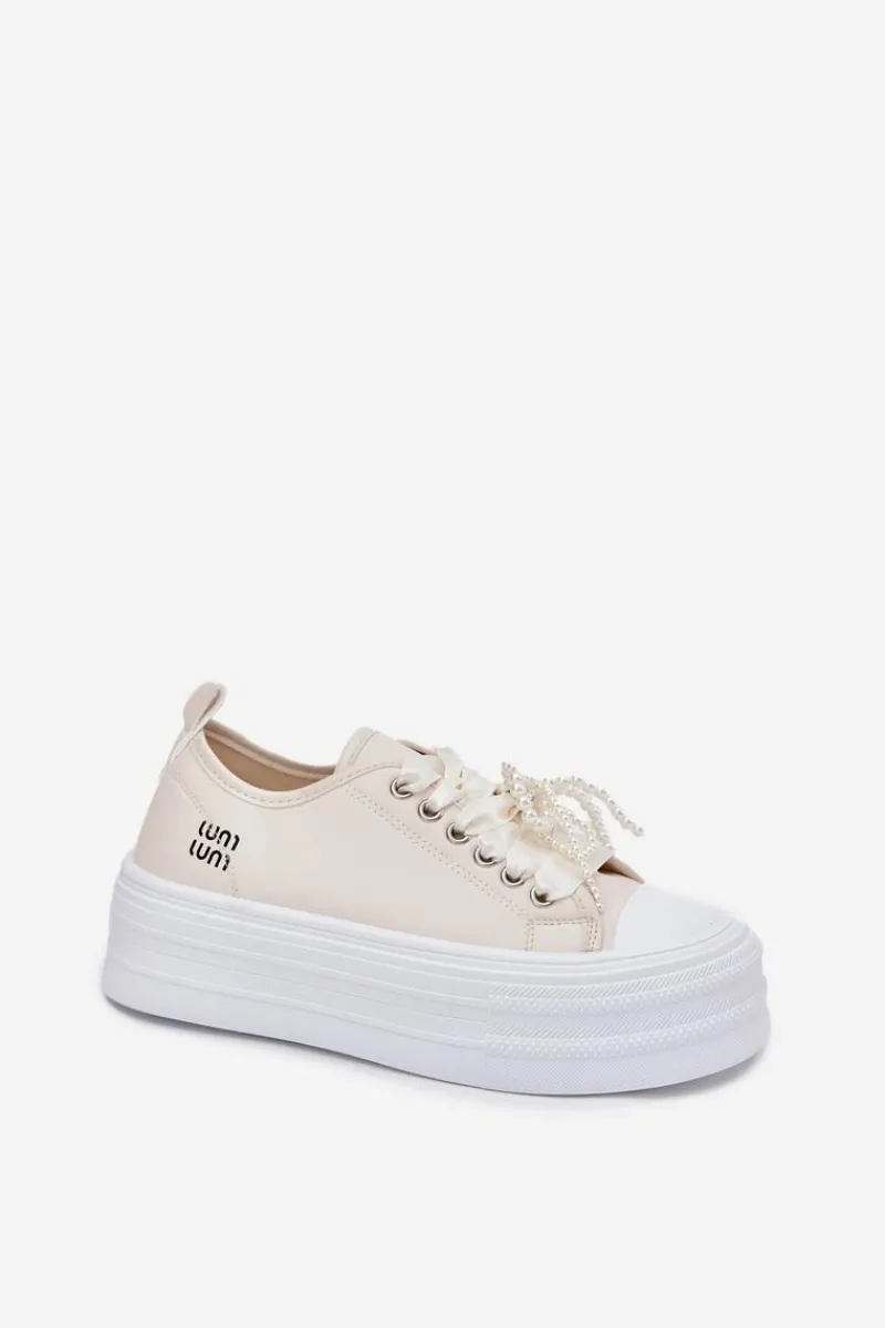 Trampki Damskie Niskie>Boto Trampki Damskie Na Platformie Z Ozdobnym Sznurowaniem Beżowe Tivora Beżowy