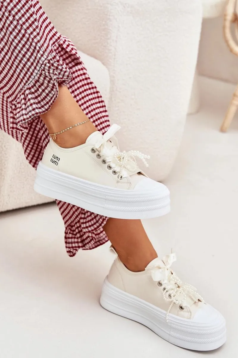 Trampki Damskie Niskie>Boto Trampki Damskie Na Platformie Z Ozdobnym Sznurowaniem Beżowe Tivora Beżowy