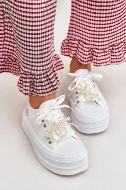 Clearance Trampki Damskie Na Platformie Z Ozdobnym Sznurowaniem Białe Tivora Damskie Trampki Damskie Niskie