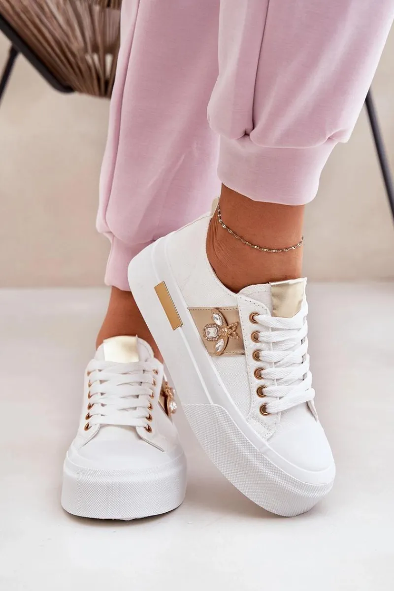 Trampki Damskie Niskie>Boto Trampki Damskie Na Platformie Z Ozdobnym Detalem Białe Annisae