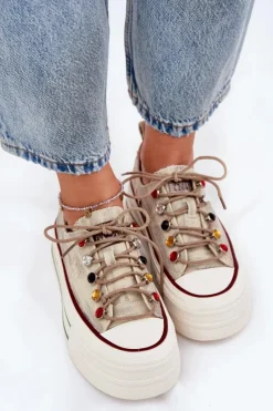 Clearance GOE Trampki Damskie Na Platformie RR2N4105 Beżowe