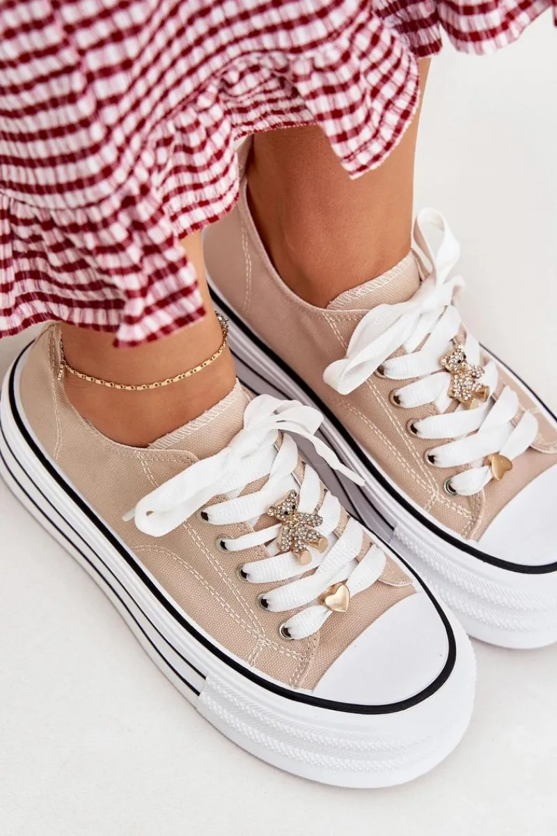 Trampki Damskie Niskie>Boto Trampki Damskie Na Platformie Ze Złotymi Przypinkami Beżowe Fiorina Beżowy