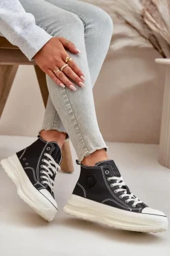 Trampki Ocieplane|Trampki Damskie Big Star></noscript>Big Star Shoes Trampki Damskie Na Platformie Eko Skórzane Big Star OO274063 Czarne Czarny