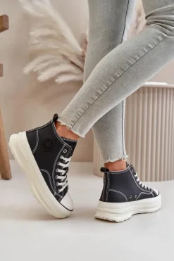 Trampki Ocieplane|Trampki Damskie Big Star></noscript>Big Star Shoes Trampki Damskie Na Platformie Eko Skórzane Big Star OO274063 Czarne Czarny