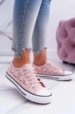Online Boto Trampki Damskie Niskie Koronkowe Różowe Veroli