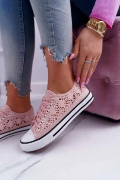 Online Boto Trampki Damskie Niskie Koronkowe Różowe Veroli