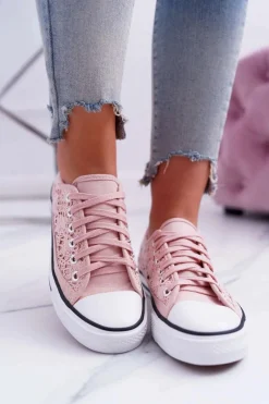 Online Boto Trampki Damskie Niskie Koronkowe Różowe Veroli