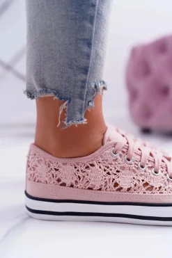 Online Boto Trampki Damskie Niskie Koronkowe Różowe Veroli