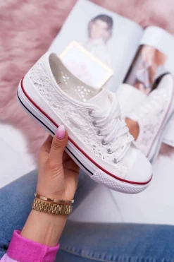 Trampki Damskie Niskie>Boto Trampki Damskie Niskie Koronkowe Białe Veroli