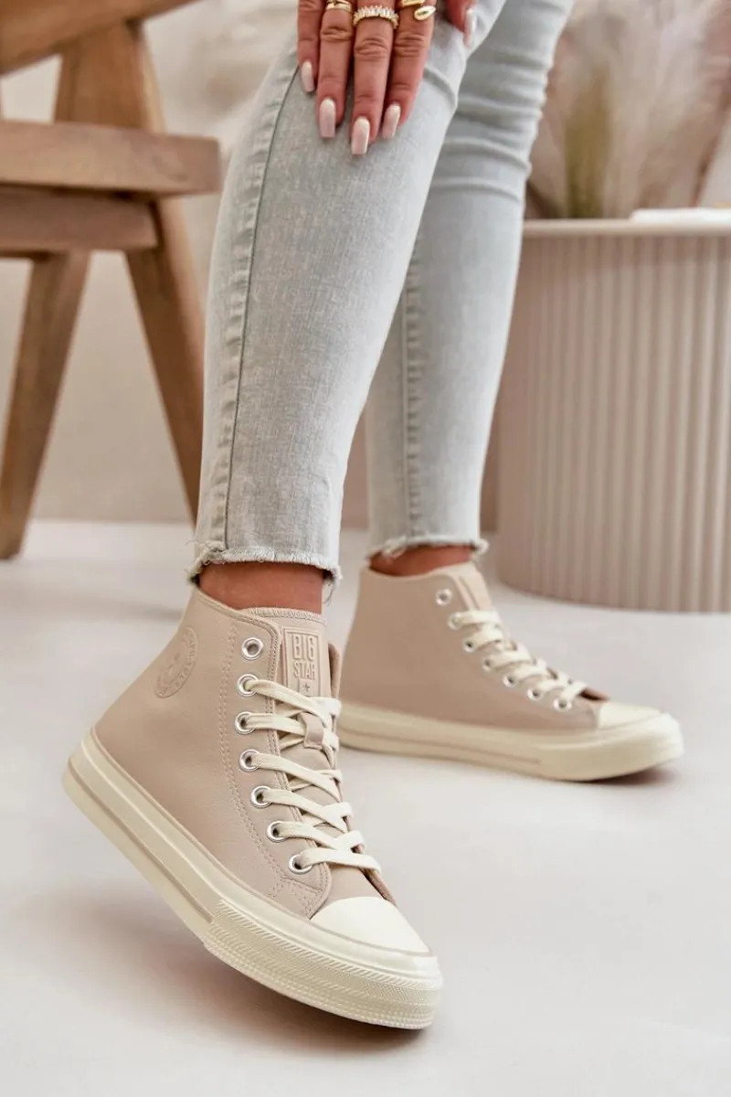 Sale Big Star Shoes Trampki Damskie Ocieplane Z Eko Skóry Beżowe Big Star OO274934 Beżowy