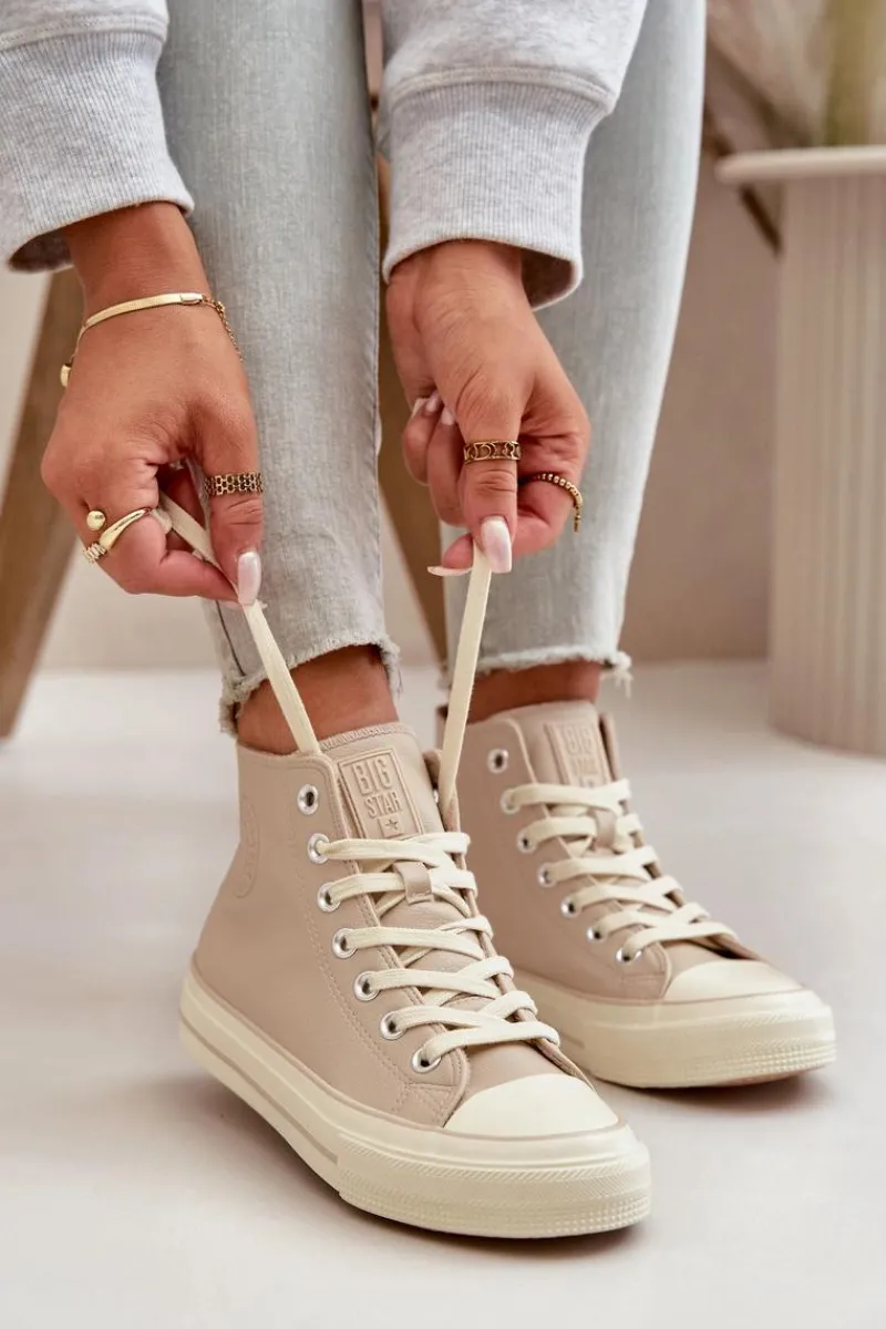 Sale Big Star Shoes Trampki Damskie Ocieplane Z Eko Skóry Beżowe Big Star OO274934 Beżowy