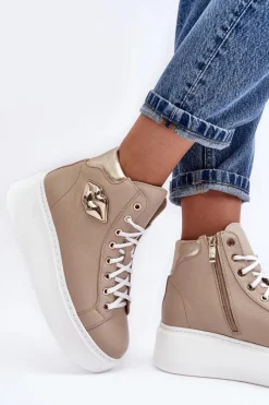 Discount Boto Trampki Damskie Wysokie Na Suwak Lemar Beżowe Katerin Beżowy