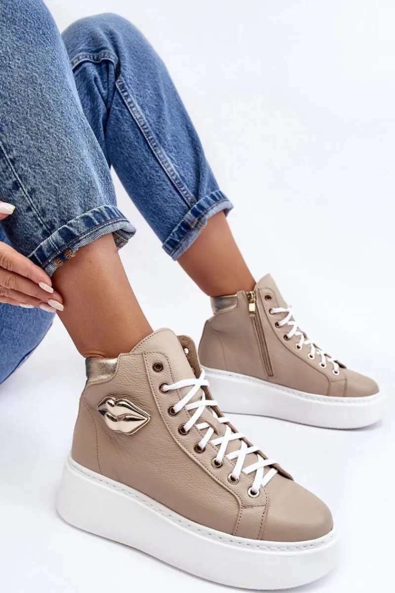 Discount Boto Trampki Damskie Wysokie Na Suwak Lemar Beżowe Katerin Beżowy