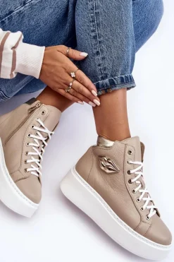 Discount Boto Trampki Damskie Wysokie Na Suwak Lemar Beżowe Katerin Beżowy