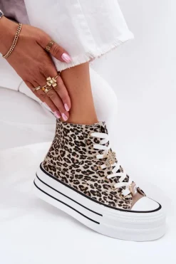 Trampki Damskie Wysokie>Boto Trampki Damskie Wysokie Na Masywnej Platformie Z Przypinkami Panterka Złote Olivana