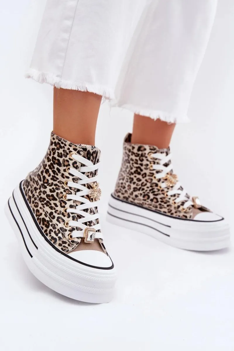 Trampki Damskie Wysokie>Boto Trampki Damskie Wysokie Na Masywnej Platformie Z Przypinkami Panterka Złote Olivana