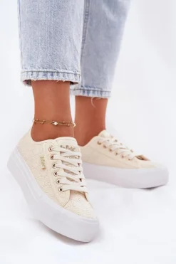 New Lee Cooper Trampki Damskie Z Koronką LCW-25-31-3440L Beżowe Beżowy