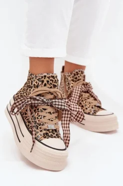 Trampki Damskie Wysokie>Evento Trampki Damskie Ze Wstążką I Zamkiem Na Platformie Panterka Mavara