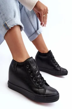 Outlet Big Star Shoes Trampki Skórzane Damskie Na Koturnie Big Star MM274001 Czarne Czarny