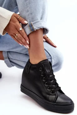 Outlet Big Star Shoes Trampki Skórzane Damskie Na Koturnie Big Star MM274001 Czarne Czarny