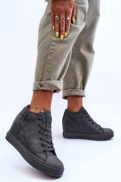 Discount Big Star Shoes Trampki Skórzane Damskie Na Koturnie Big Star MM274005 Szare Szary