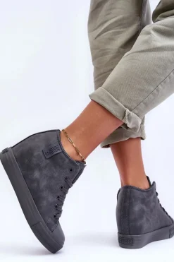 Discount Big Star Shoes Trampki Skórzane Damskie Na Koturnie Big Star MM274005 Szare Szary