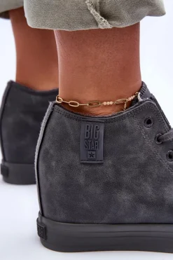 Discount Big Star Shoes Trampki Skórzane Damskie Na Koturnie Big Star MM274005 Szare Szary