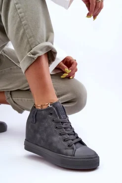 Discount Big Star Shoes Trampki Skórzane Damskie Na Koturnie Big Star MM274005 Szare Szary