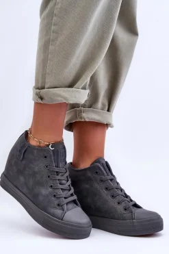 Discount Big Star Shoes Trampki Skórzane Damskie Na Koturnie Big Star MM274005 Szare Szary