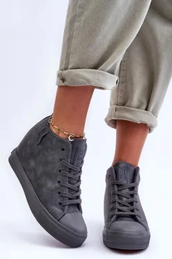 Discount Big Star Shoes Trampki Skórzane Damskie Na Koturnie Big Star MM274005 Szare Szary