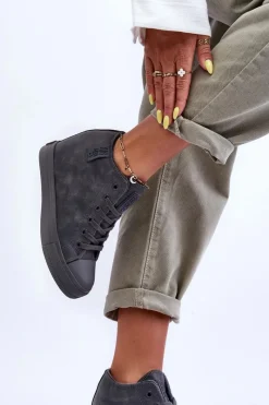 Discount Big Star Shoes Trampki Skórzane Damskie Na Koturnie Big Star MM274005 Szare Szary