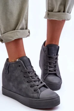 Discount Big Star Shoes Trampki Skórzane Damskie Na Koturnie Big Star MM274005 Szare Szary