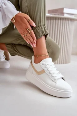 Sale Trampki Sneakersy Damskie Na Platformie Z Eko Skóry Biało-Złote Brennessa Damskie Trampki Damskie Niskie|Sneakersy Damskie