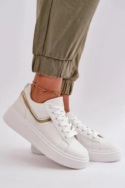 Sale Trampki Sneakersy Damskie Na Platformie Z Eko Skóry Biało-Złote Brennessa Damskie Trampki Damskie Niskie|Sneakersy Damskie