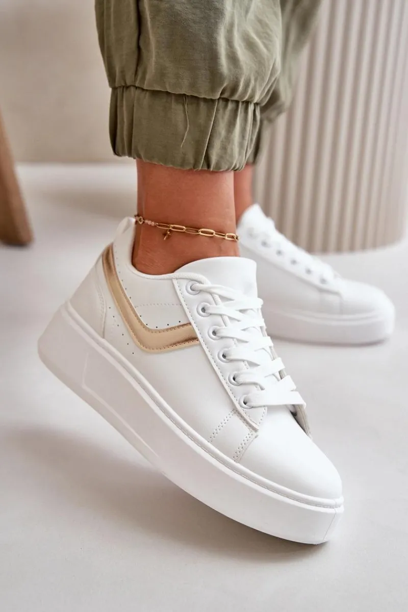 Sale Trampki Sneakersy Damskie Na Platformie Z Eko Skóry Biało-Złote Brennessa Damskie Trampki Damskie Niskie|Sneakersy Damskie