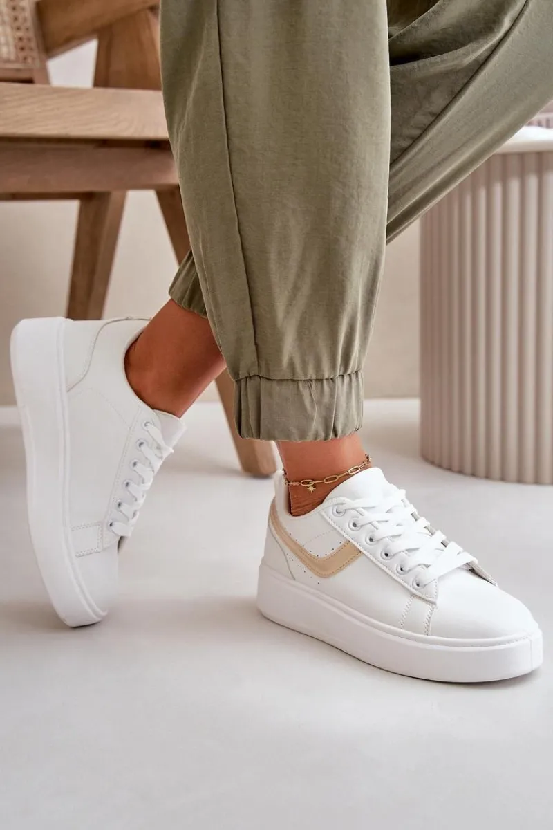 Sale Trampki Sneakersy Damskie Na Platformie Z Eko Skóry Biało-Złote Brennessa Damskie Trampki Damskie Niskie|Sneakersy Damskie