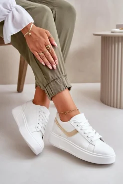 Sale Trampki Sneakersy Damskie Na Platformie Z Eko Skóry Biało-Złote Brennessa Damskie Trampki Damskie Niskie|Sneakersy Damskie